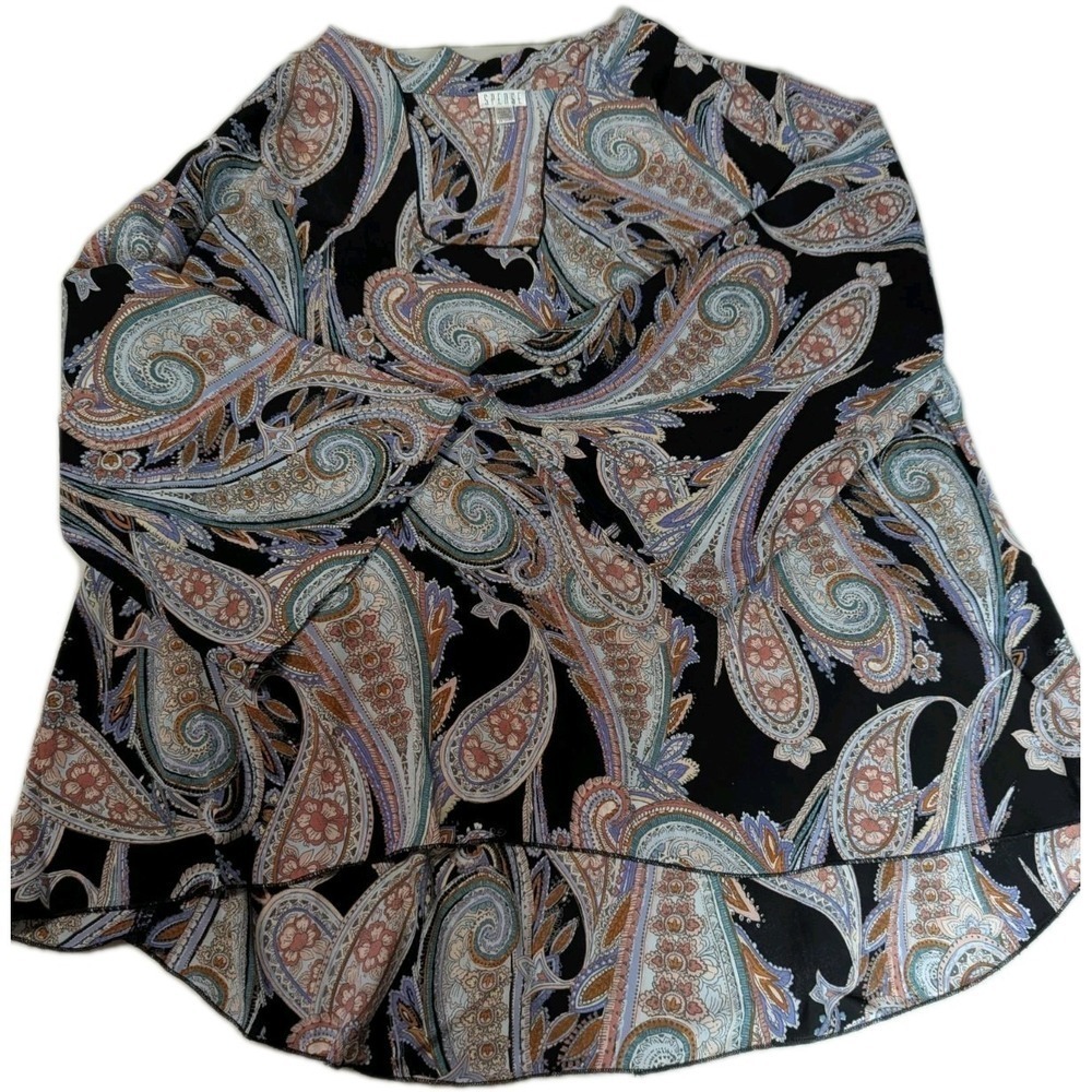 Spense Paisley Print High-Low Blouse XL XL/TG Boho Bell Sleeve Flowy Chiffon Top
